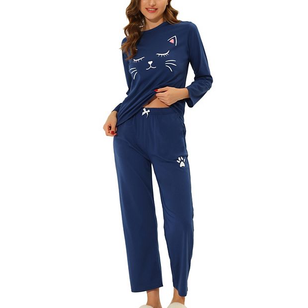 Women's Pajamas Nightwear Cute Cat Print Tops and Pants Sleepwear Lounge  Sets