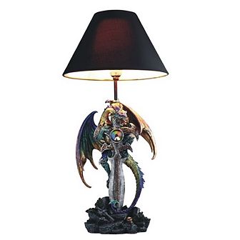 24.5"H Purple/Green Dragon Embracing Sword Table Lamp Statue Fantasy Decoration Figurine