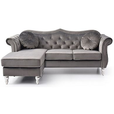 Passion Furniture Hollywood 81 Inch Pink Velvet Chesterfield Sectional Sofa with 2-Throw Pillow
