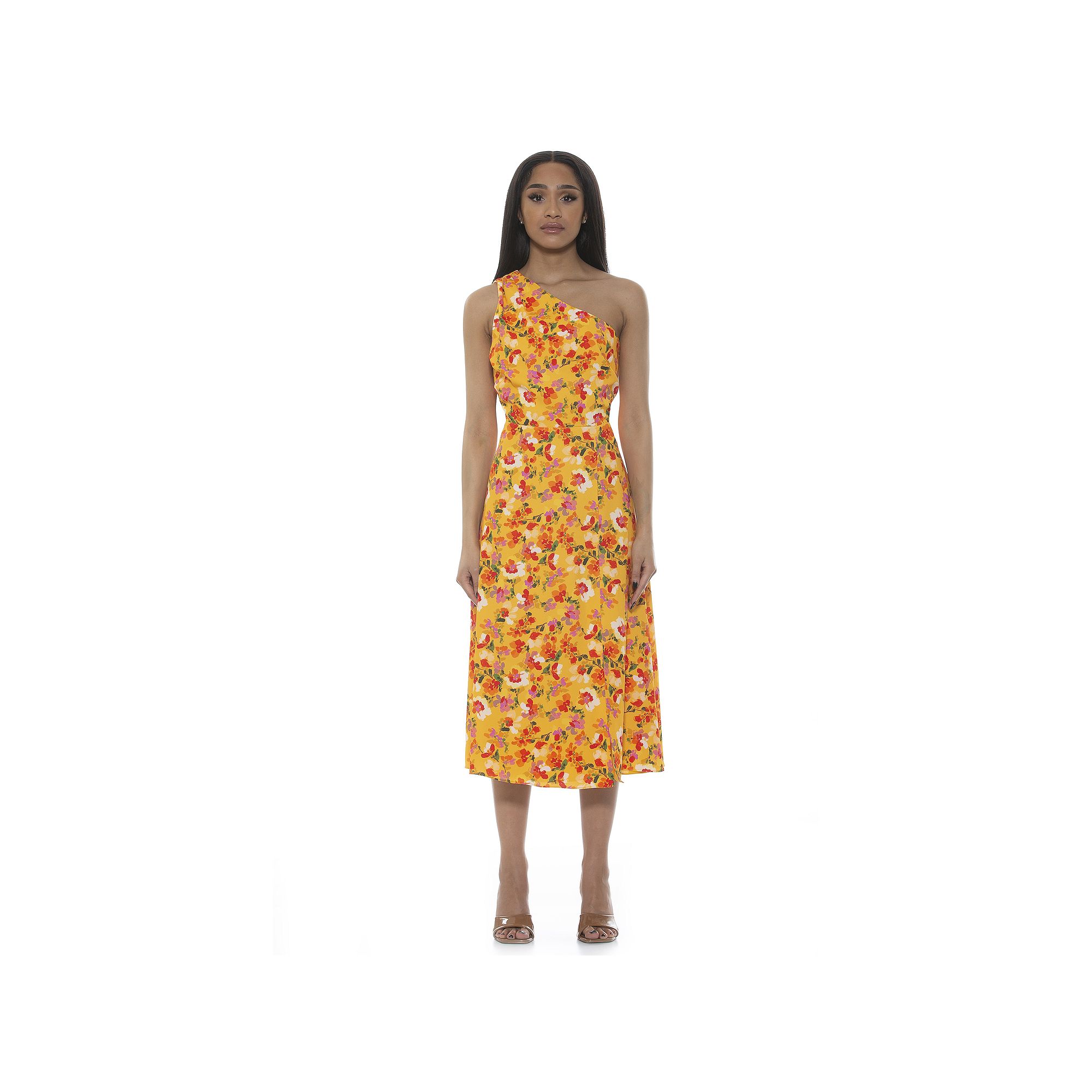 Womens ALEXIA ADMOR Fay One-Shoulder Midi Fit & Flare Dress, Size: 10, Yel