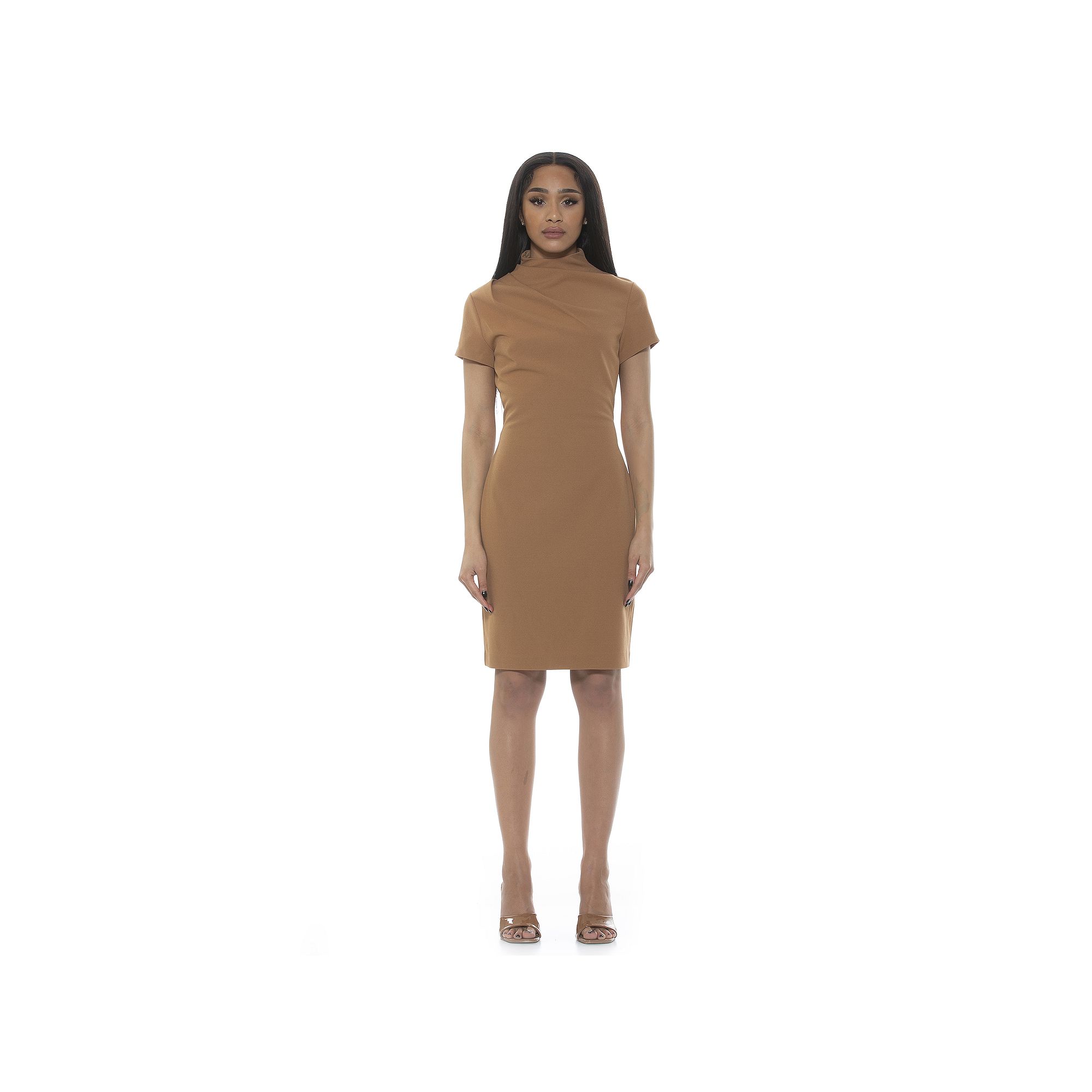 Womens ALEXIA ADMOR Sadee Draped Mockneck Sheath Dress, Size: XS, Camel