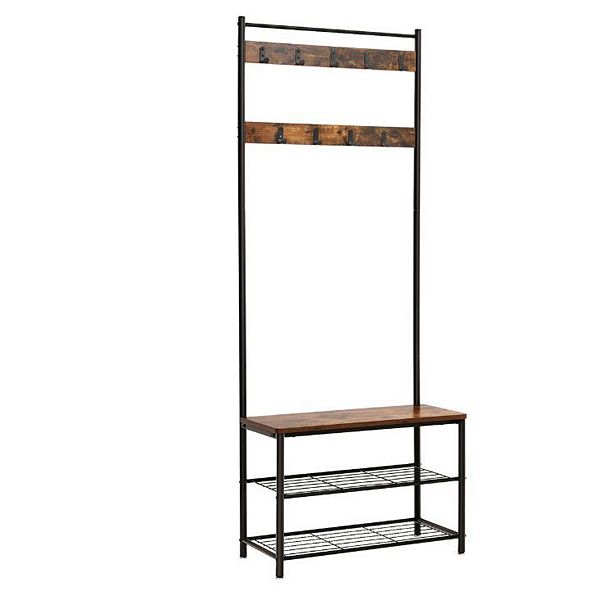 Benzara Wood and Metal Frame Hall Tree with Slatted Shelves, Rustic