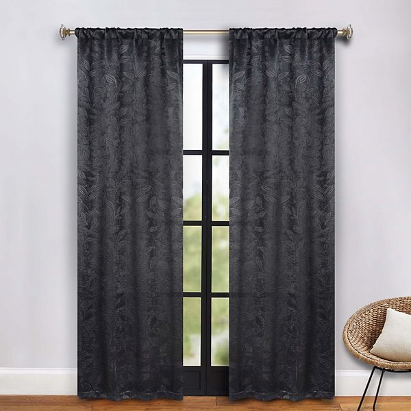 SUPERIOR Bohemian Leaves Room Darkening Rod Pocket Curtain Set - Black Black (36X72)