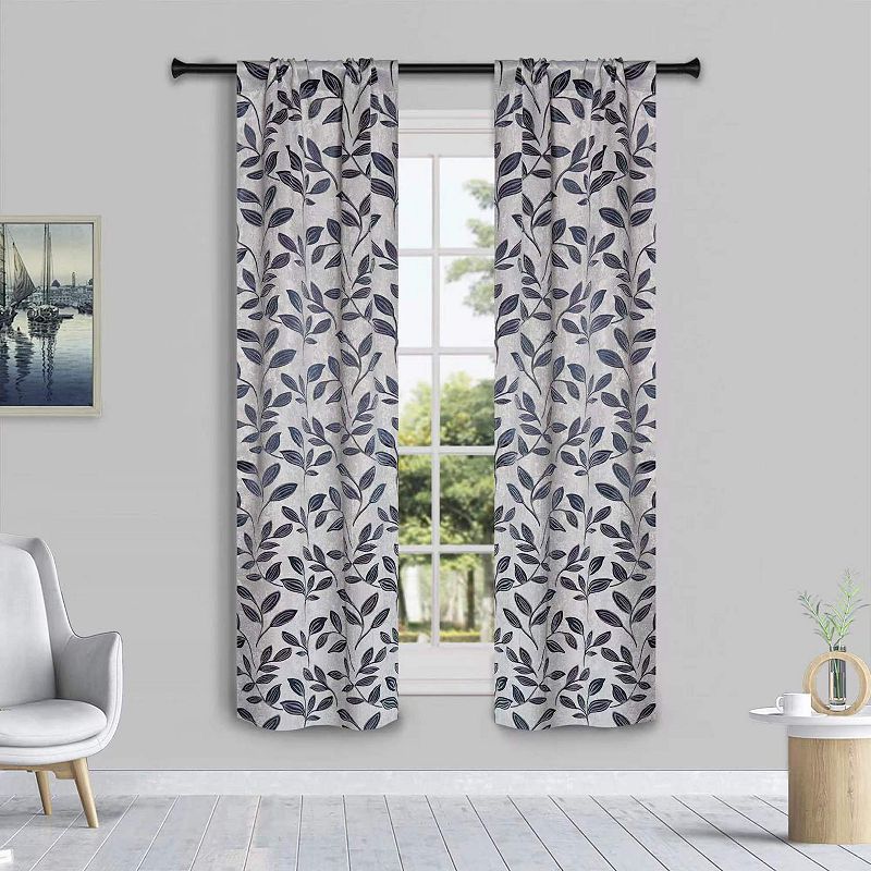 SUPERIOR Bohemian Leaves Room Darkening Rod Pocket Curtain Set, White Navy Blue