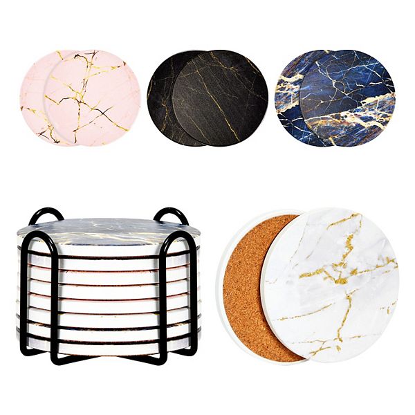 Set of 8 Ceramic Gold Marble Table Coasters for Drinks with Holder and