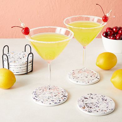 Set of 8 Round Terrazzo Ceramic Coasters with Holder and Cork Base, Housewarming Gifts (4 In)