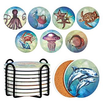 Set of 8 Ocean Animal Ceramic Table Coasters for Drinks with Holder and Cork Base (4 In)
