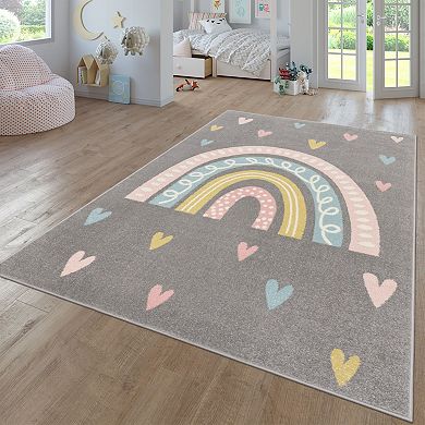 Kids Rug with Rainbow and Hearts for Nursery in Pastel Colors