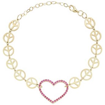 Sunkissed Sterling 14k Gold Over Silver Pink Cubic Zirconia Heart Peace Sign Bracelet
