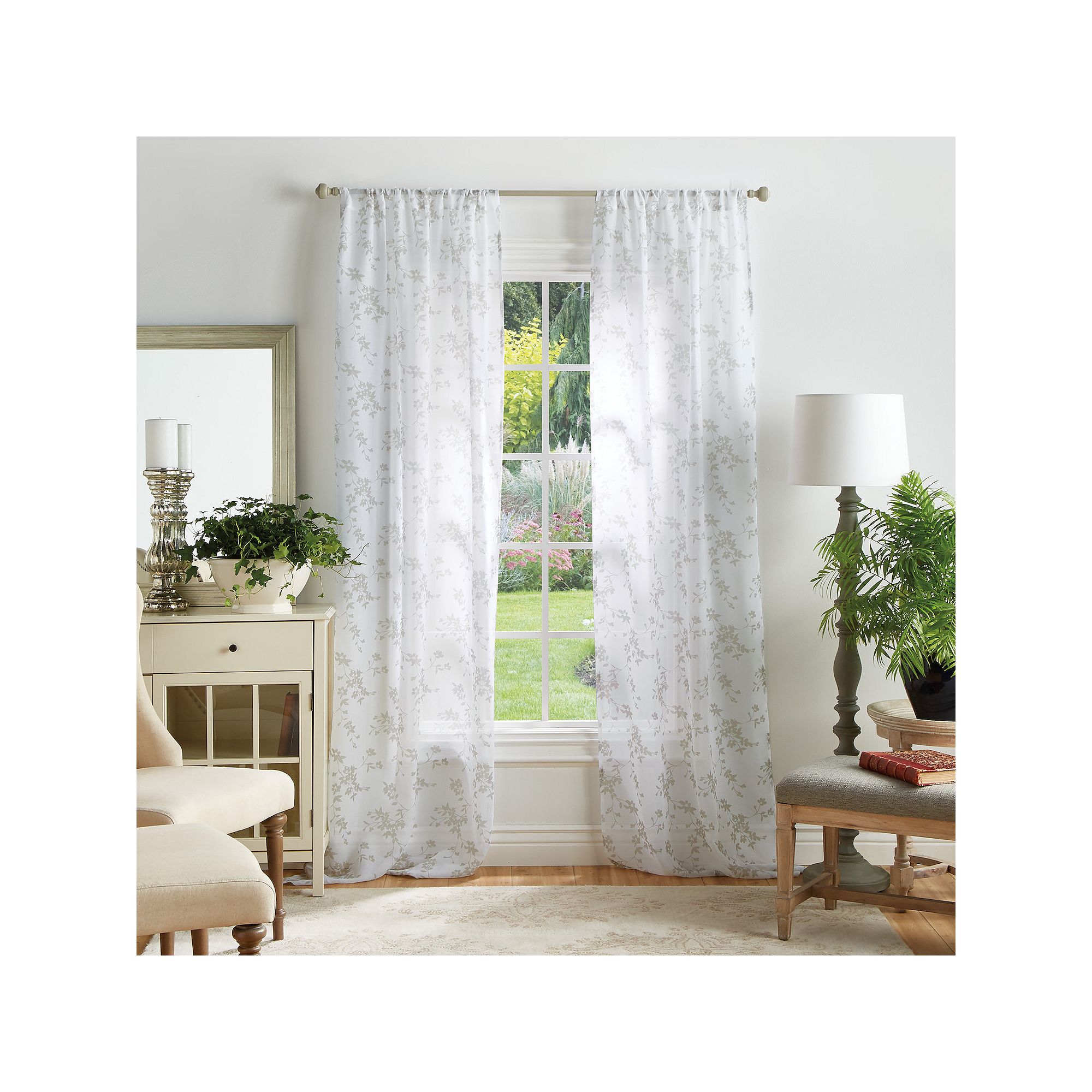 Martha Stewart Bellefield Floral Sheer Poletop 2 Window Curtain Panels, Lin