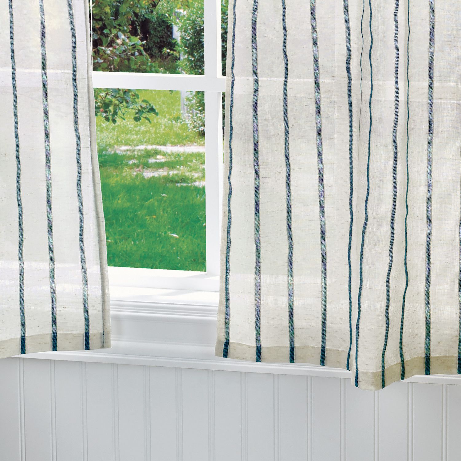 Martha Stewart Laguna Stripe Semi-Sheer Curtain Panel Pair - White Tie Tab Window Curtains, 84 Inch Length
