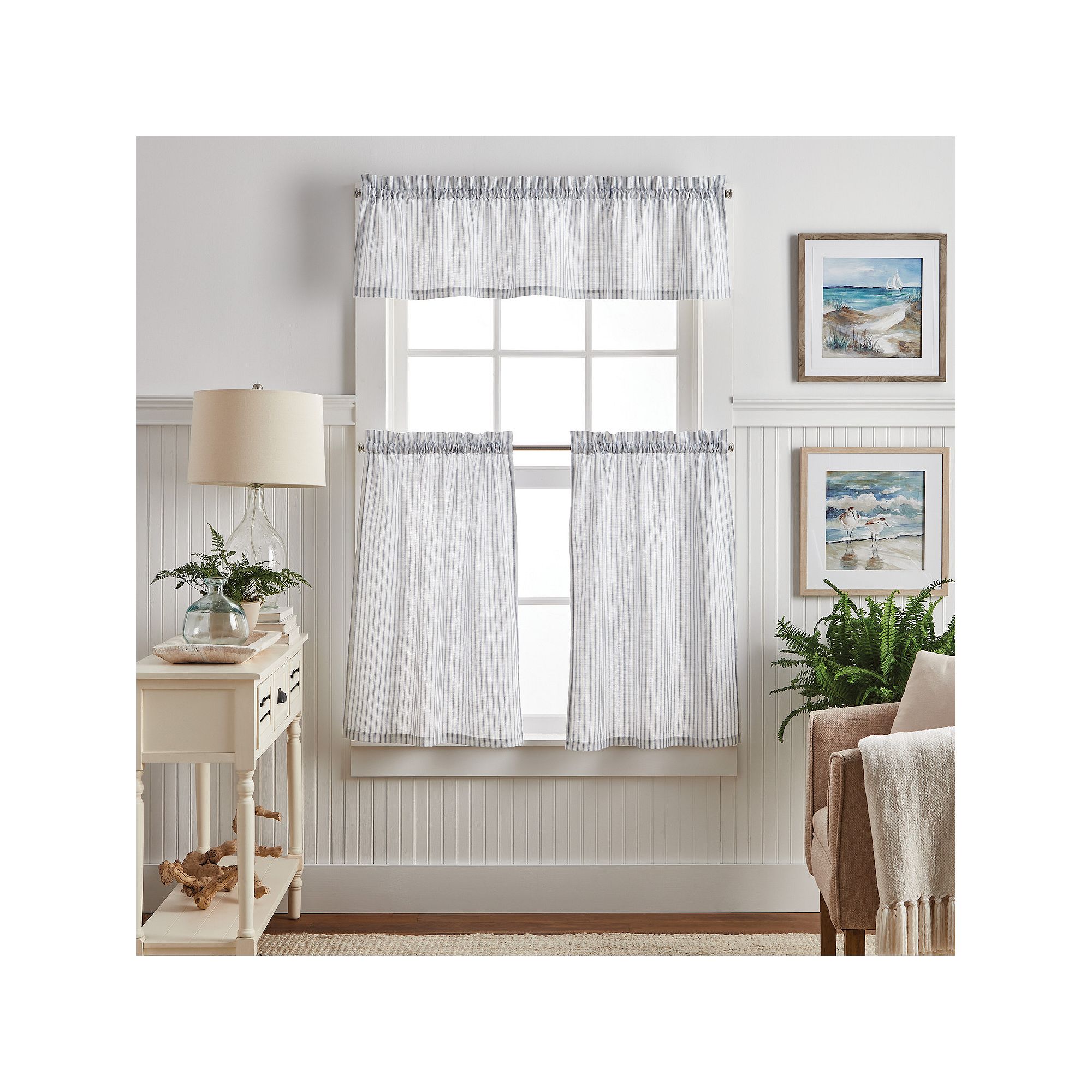 Martha Stewart Ticking Stripe Rod Pocket Top Tier & Valance Window Curtain 