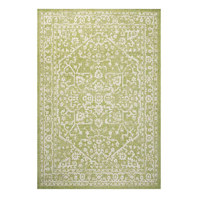 5’ Square Malta Bohemian Medallion Textured Weave Green/Cream 5  Square Indoor/Outdoor Area Rug