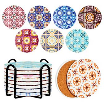 Set of 8 Ceramic Coasters for Drinks with Cork Base and Iron Holder, Mediterranean Tile Designs (4 Inches)
