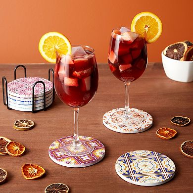 Set of 8 Ceramic Coasters for Drink Crafts Coffee Table with Holder Cork Base 4”