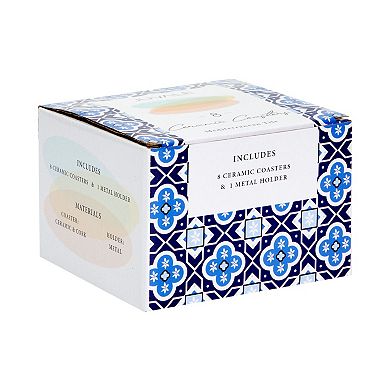 Set of 8 Ceramic Coasters for Drink Crafts Coffee Table with Holder Cork Base 4”