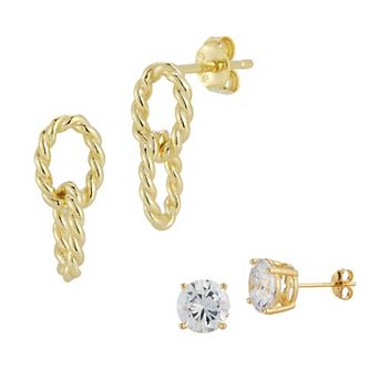 Sunkissed Sterling Twist Link Drop & Cubic Zirconia Stud Earring Set