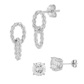 Sunkissed Sterling Twist Link Drop & Cubic Zirconia Stud Earring Set
