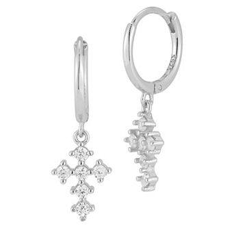 Sunkissed Sterling Cubic Zirconia Cross Charm Huggie Hoop Earrings