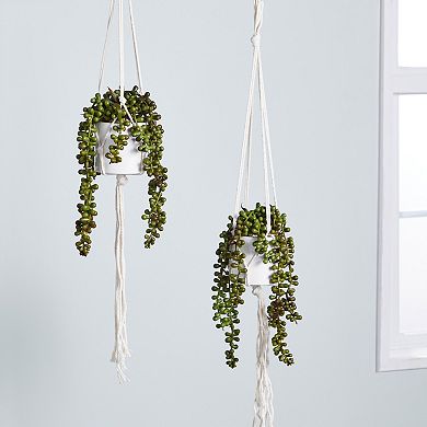 2x Artificial Fake String Pearls Plants with Ceramic Pot for Wall Decoration 31"