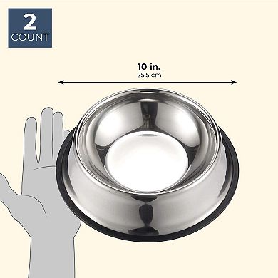 Juvale Stainless Steel Dog Bowls - Set of 2 Large Pet Food and Water Dish Bowls, Ideal for Large Dogs - Silver, 10 Inches Diameter