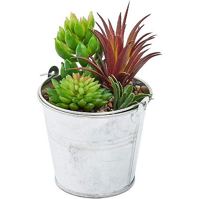 Juvale 4 Pack Artificial Succulents, 6.5 inch Colorful Fake Cactus Plants with Iron Bucket