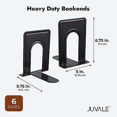 Heavy Duty Bookends for Shelves, Nonskid (Black, 5 x 6.75 x 5.75 In, 6 Pairs)