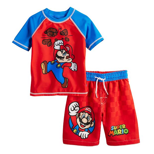Toddler Boy Super Mario Bros. Raglan Rash Guard Top & Swim Trunks Set