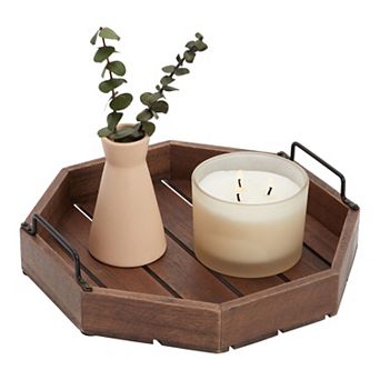 Wood Serving Tray with Metal Handle for Coffee Table Farmhouse Rustic Decor 12"