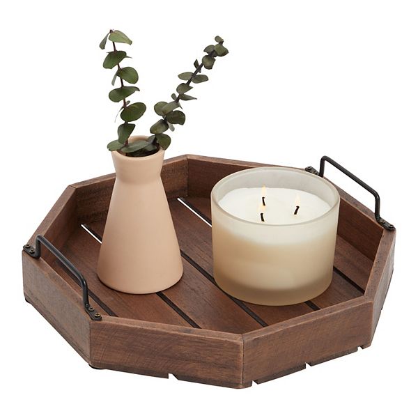 Wood Serving Tray with Metal Handle for Coffee Table Farmhouse Rustic