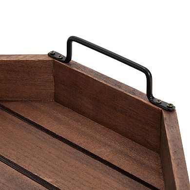 Decorative Rustic Wooden Serving Tray with Metal Handles for Candles, Coffee Table, Farmhouse Home Decor (11.75 x 11.75 x 2.75 In)