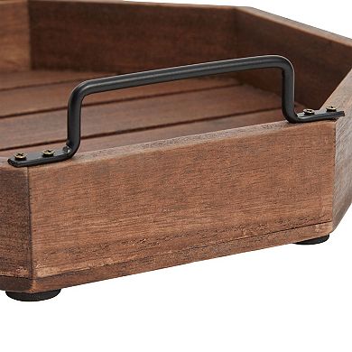 Decorative Rustic Wooden Serving Tray with Metal Handles for Candles, Coffee Table, Farmhouse Home Decor (11.75 x 11.75 x 2.75 In)