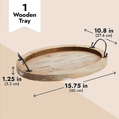 Oval Wooden Serving Tray with Handles, Decorative Platter, 15.75 x 10.8 x 1.25"