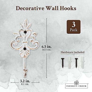 Cast Iron Coat Hooks with Screws, Wall Mounted, Vintage Design (6.5 In, 3 Pack)