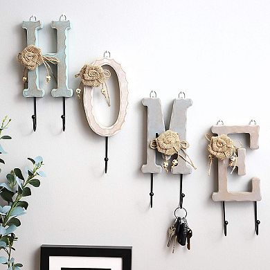 Home Key Holder with 7 Pegs, Wooden Letters with Burlap Flowers for Rustic Entryway Wall Décor (4 Colors)