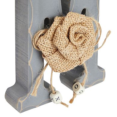 Home Key Holder with 7 Pegs, Wooden Letters with Burlap Flowers for Rustic Entryway Wall Décor (4 Colors)