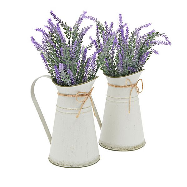 Set of 2 Artificial Lavender Flowers in Milk Jug Vase, Rustic