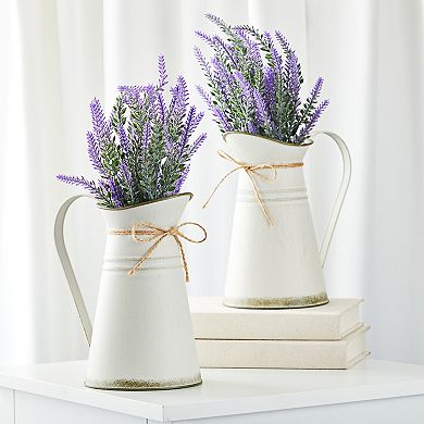 Set of 2 Artificial Lavender Flowers in Milk Jug Vase for Farmhouse Decor, 15"