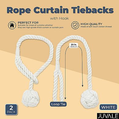 White Rope Curtain Tiebacks, Holdbacks for Drapes (20 in, 2 Pack)