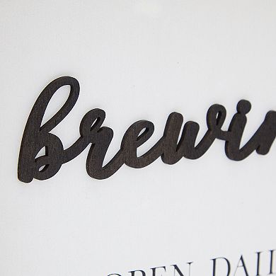 Wooden Brewing Station Sign with Hooks, Farmhouse Coffee Bar Decor (16 x 9 In)
