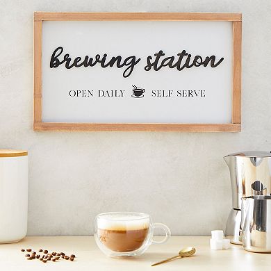 Wooden Brewing Station Sign with Hooks, Farmhouse Coffee Bar Decor (16 x 9 In)