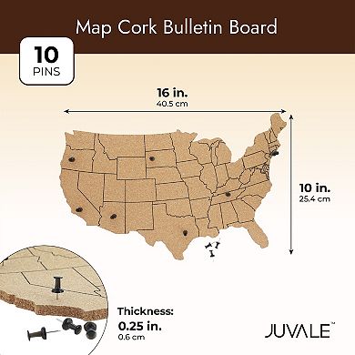 Cork Board Map of The United States with 10 Pins to Mark Travels, 16 x 10 x 0.3"