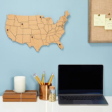 Cork Board Map of The United States with 10 Pins to Mark Travels, 16 x 10 x 0.3"