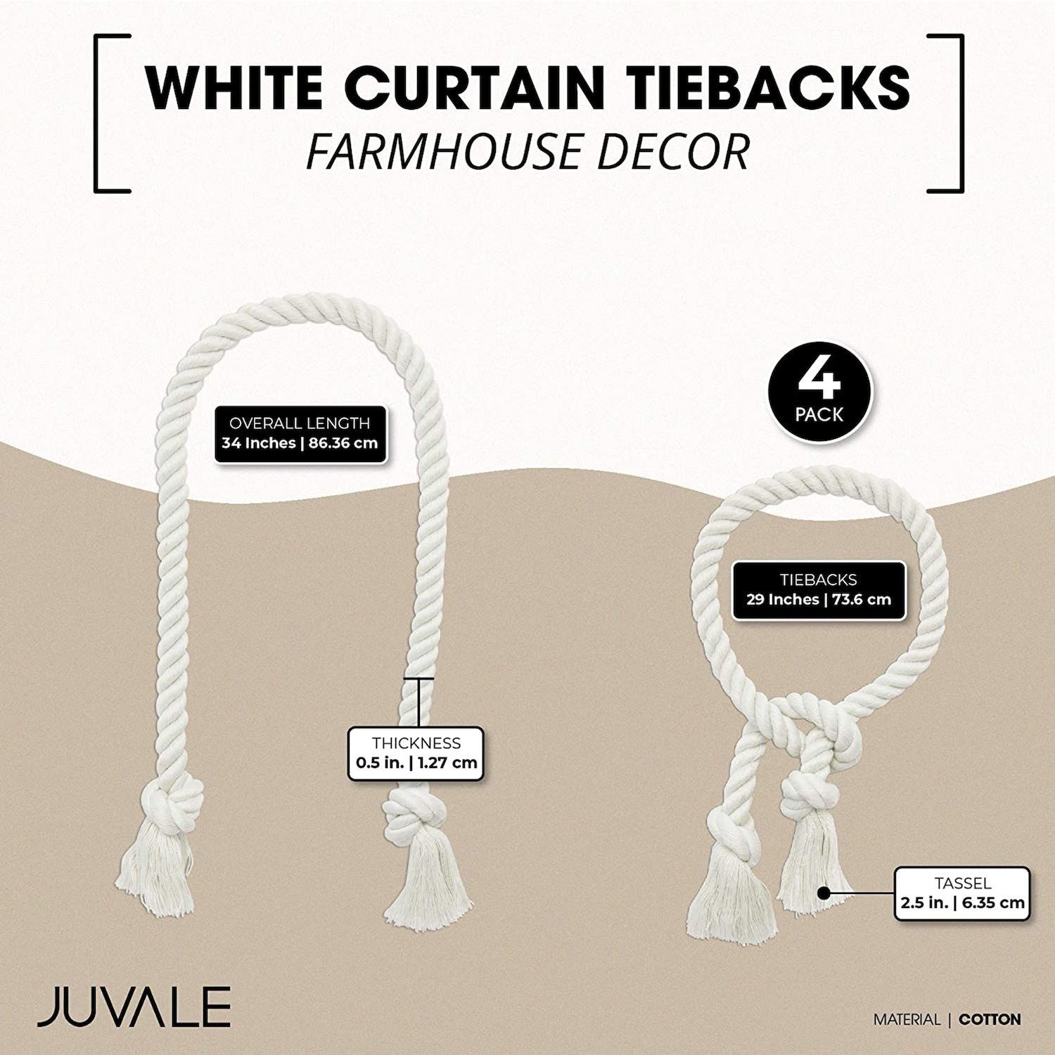 Juvale White Rope Curtain Tiebacks, Holdbacks For Drapes (29 In, 2 Pairs)