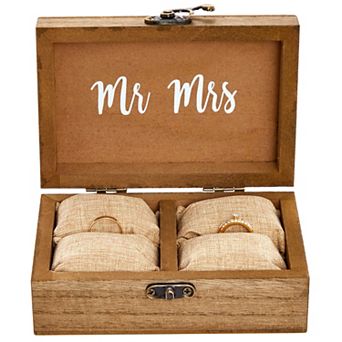 Wood Wedding Ring Box With Burlap Pillow Lining (6 X 4 X 2 in