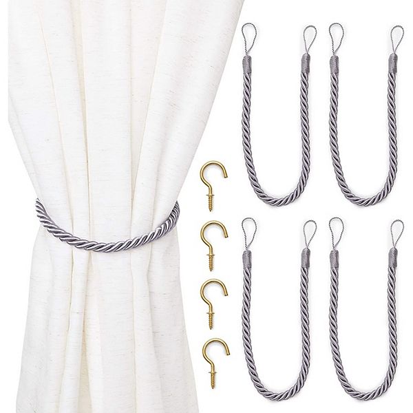 Light Grey Rope Curtain Tiebacks with Hooks, Holdbacks for Drapes (26