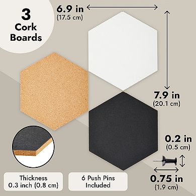 3 Pack Hexagon Cork Board Tiles With Pins, Self-adhesive Bulletin Boards, 7.9 In