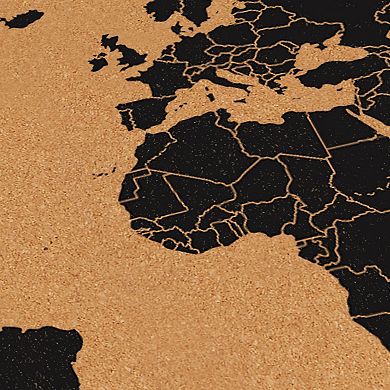 Cork Board Map Of The World - Wall Mount Bulletin Board With Pins, 23.5 X 15.75"