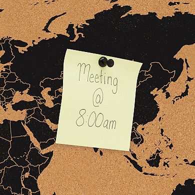 Cork Board Map Of The World - Wall Mount Bulletin Board With Pins, 23.5 X 15.75"