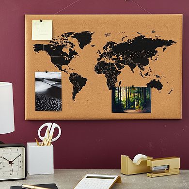 Cork Board Map Of The World - Wall Mount Bulletin Board With Pins, 23.5 X 15.75"